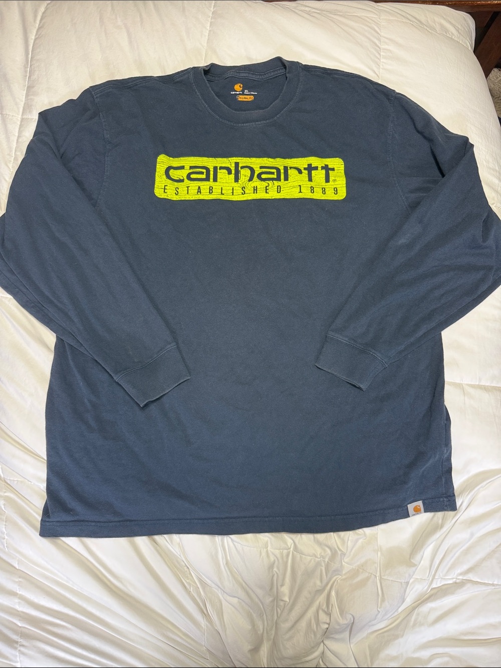Carhartt Navy Long-Sleeve Shirt with Neon Yellow Logo